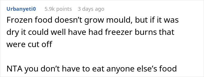 Reddit comment discussing mold and freezer burns on frozen food, related to a Thanksgiving dish concern. Reddit comment discussing mold and freezer burns on frozen food, related to a Thanksgiving dish concern.