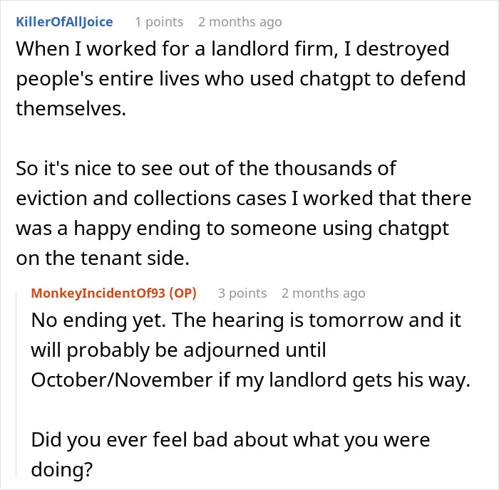 Tenant chats about using ChatGPT against a landlord in court. Tenant chats about using ChatGPT against a landlord in court.