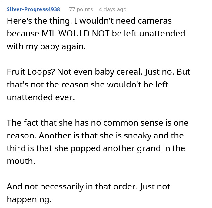 Text describing a woman not allowing MIL to see baby, citing reasons and concerns in a social media post. Text describing a woman not allowing MIL to see baby, citing reasons and concerns in a social media post.