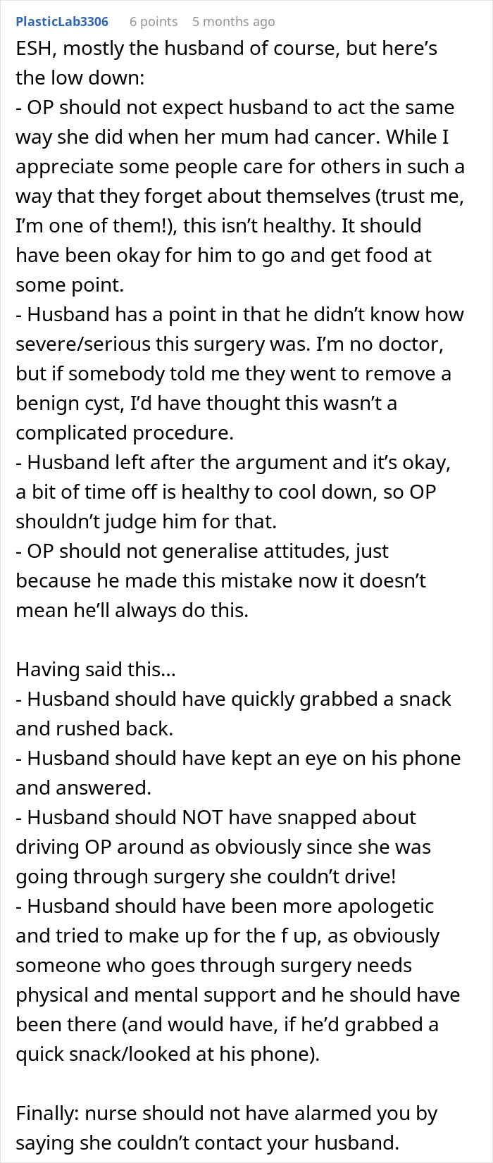 Reddit comment discussing a husband's defensiveness after leaving his wife during surgery. Reddit comment discussing a husband's defensiveness after leaving his wife during surgery.