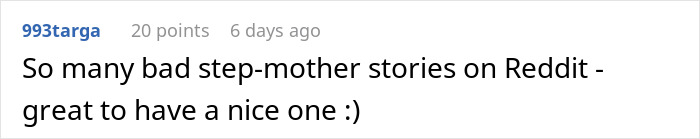 Reddit comment discussing a positive step-mother story amidst many negative ones. Reddit comment discussing a positive step-mother story amidst many negative ones.