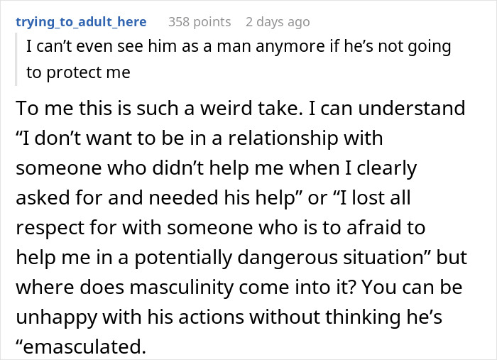Reddit comment discussing a woman's changed opinion about her boyfriend after he refused to help. Reddit comment discussing a woman's changed opinion about her boyfriend after he refused to help.