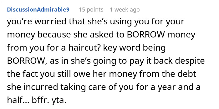 A Reddit comment criticizing lack of self-awareness in a financial support situation. A Reddit comment criticizing lack of self-awareness in a financial support situation.