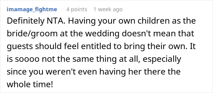 Reddit comment discussing a bride's decision to bring her child to a child-free wedding. Reddit comment discussing a bride's decision to bring her child to a child-free wedding.