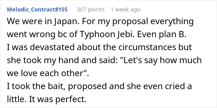 Text post about a proposal in Japan affected by Typhoon Jebi, ending with a perfect outcome. Text post about a proposal in Japan affected by Typhoon Jebi, ending with a perfect outcome.