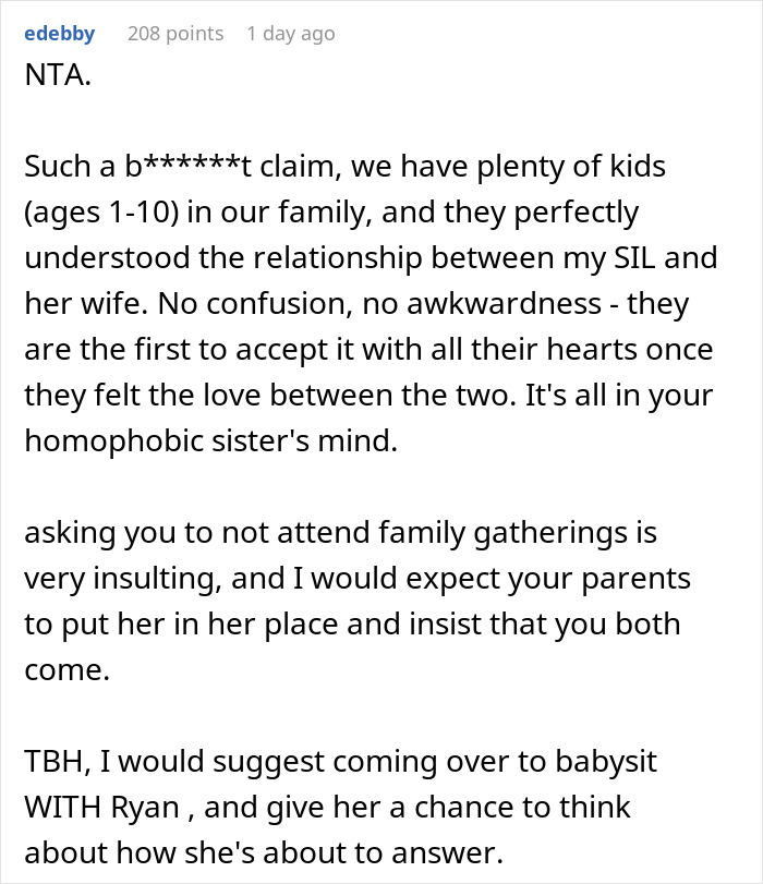 Reddit comment discussing refusal to babysit due to family event conflict with sister's demands. Reddit comment discussing refusal to babysit due to family event conflict with sister's demands.
