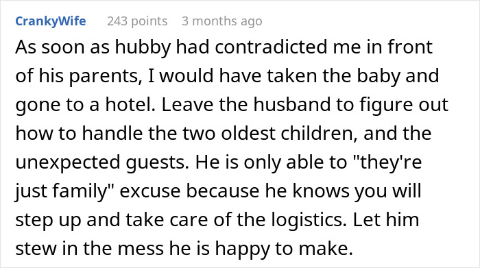 Text comment discussing family drama during an unplanned visit by in-laws. Text comment discussing family drama during an unplanned visit by in-laws.