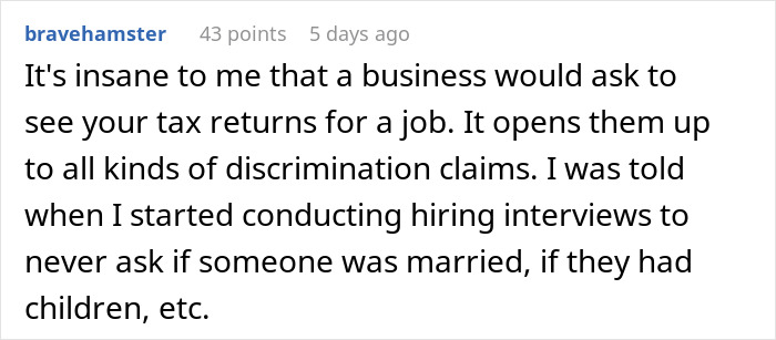 Reddit comment discussing job discrimination claims related to tax return requests during hiring. Reddit comment discussing job discrimination claims related to tax return requests during hiring.