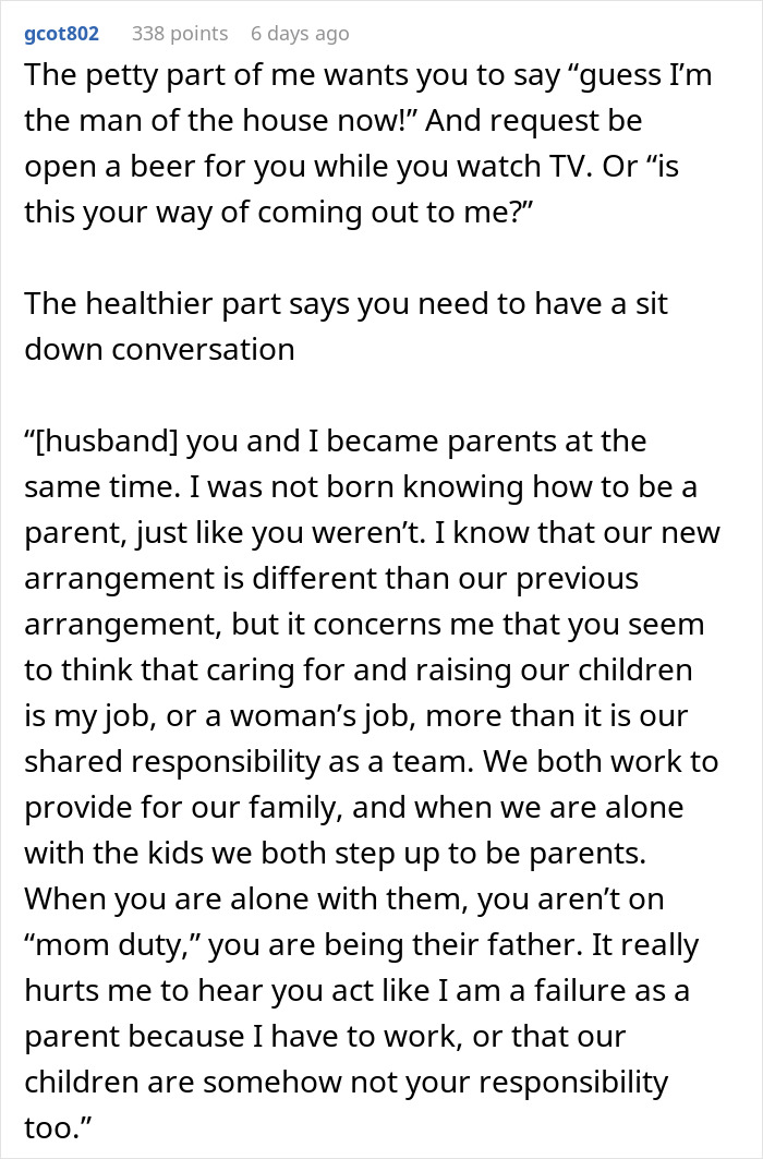 Text discussing dad babysitting and gender roles in parenting responsibilities. Text discussing dad babysitting and gender roles in parenting responsibilities.