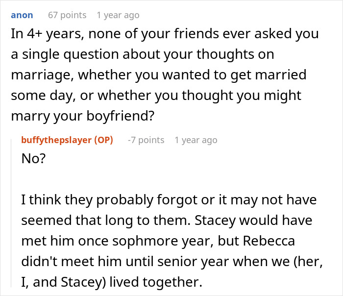 Screenshot of a conversation about roommates' reaction to a woman's relationship views, questioning her about marriage. Screenshot of a conversation about roommates' reaction to a woman's relationship views, questioning her about marriage.