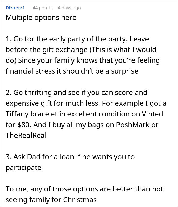 Text discussing options for managing a high-priced White Elephant gift for family Christmas. Text discussing options for managing a high-priced White Elephant gift for family Christmas.