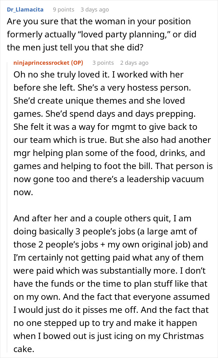 Reddit discussion about women and office Christmas party planning, highlighting leadership and gender roles. Reddit discussion about women and office Christmas party planning, highlighting leadership and gender roles.