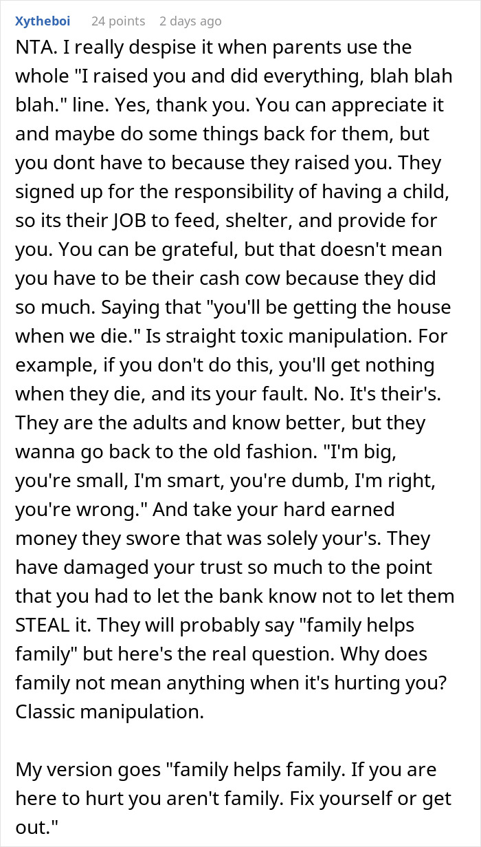 Reddit comment discussing parents' entitlement to daughter's money and manipulation. Reddit comment discussing parents' entitlement to daughter's money and manipulation.