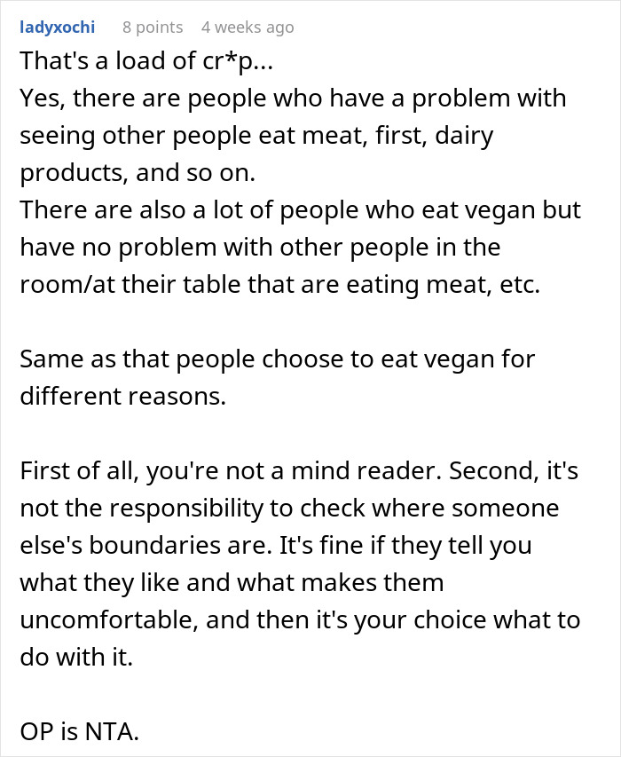 Comment discussing reactions to eating meat burgers around vegans. Comment discussing reactions to eating meat burgers around vegans.