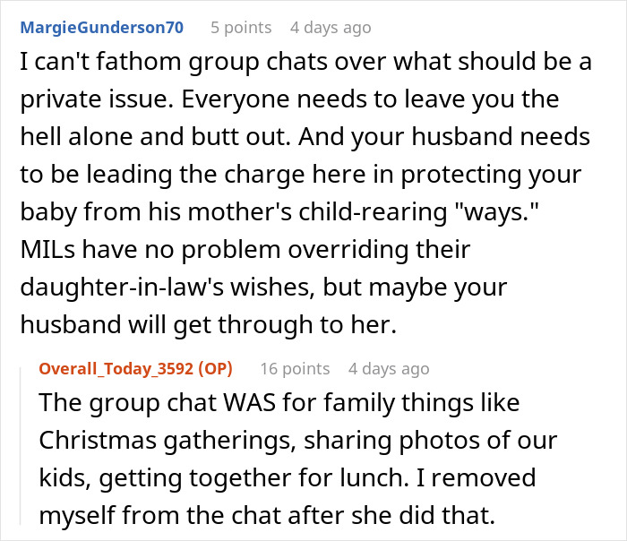 Text exchange about a woman not allowing her MIL to see the baby, discussing personal boundaries and family dynamics. Text exchange about a woman not allowing her MIL to see the baby, discussing personal boundaries and family dynamics.