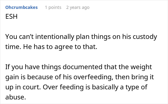 Reddit comment discussing custody conflict and concerns over child overfeeding by an ex-husband. Reddit comment discussing custody conflict and concerns over child overfeeding by an ex-husband.
