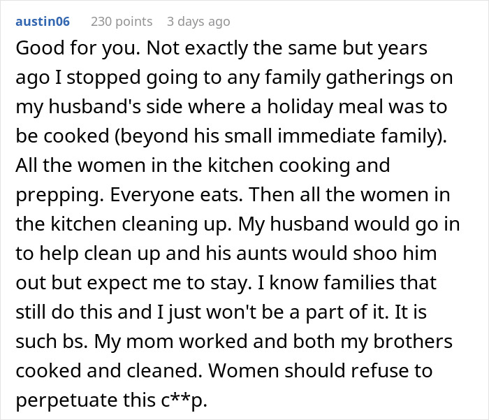 Text post about refusing gender roles at family gatherings, highlighting imbalance in responsibilities. Text post about refusing gender roles at family gatherings, highlighting imbalance in responsibilities.