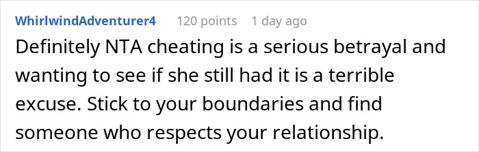 Comment advising against taking back a cheating girlfriend, emphasizing boundaries and respect. Comment advising against taking back a cheating girlfriend, emphasizing boundaries and respect.