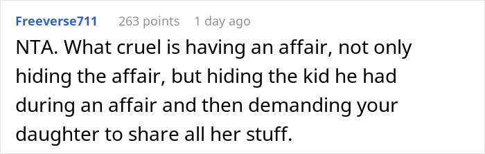 Screenshot of a comment criticizing a husband's affair and the demand for his daughter to share her belongings. Screenshot of a comment criticizing a husband's affair and the demand for his daughter to share her belongings.