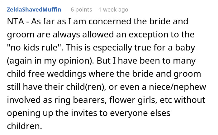 Text screenshot discussing exceptions for children at child-free weddings. Text screenshot discussing exceptions for children at child-free weddings.