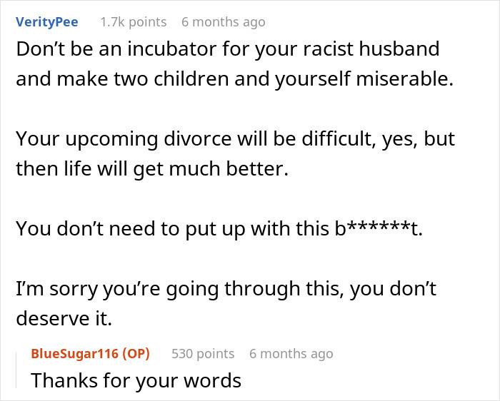 Comment discussing marital issues and advice related to cultural differences and racism. Comment discussing marital issues and advice related to cultural differences and racism.