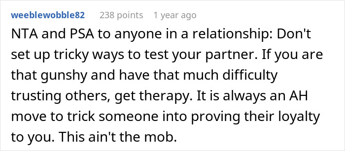Text from a user advising against using tricky ways to test partners in relationships. Text from a user advising against using tricky ways to test partners in relationships.