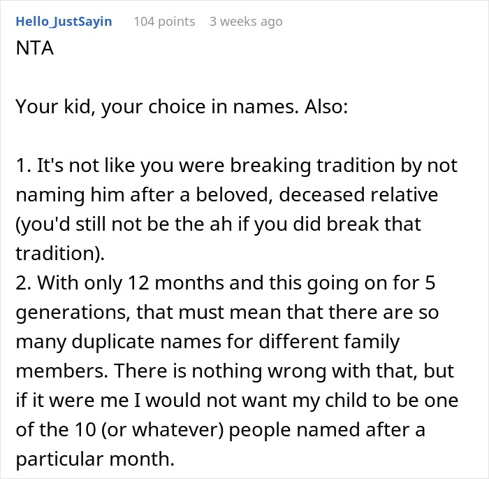 Screenshot of a Reddit comment discussing breaking family tradition in naming a baby. Screenshot of a Reddit comment discussing breaking family tradition in naming a baby.