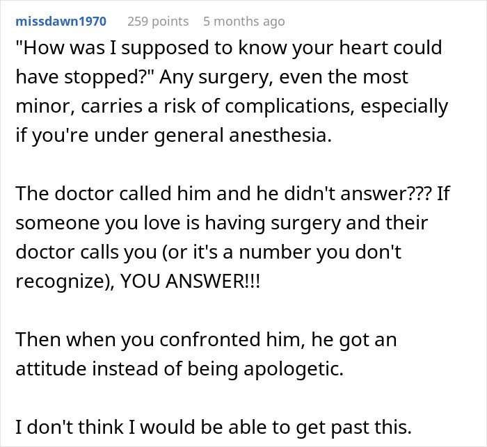 Screenshot of a comment discussing a husband who left his wife during surgery, expressing frustration and disbelief. Screenshot of a comment discussing a husband who left his wife during surgery, expressing frustration and disbelief.