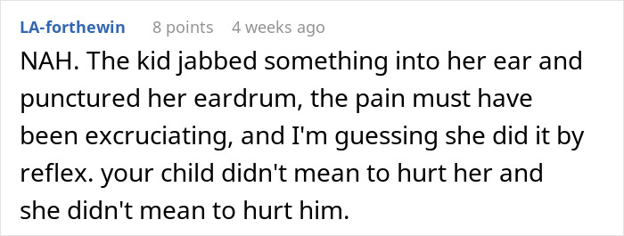 Forum comment about an incident involving a child's reflex and ear injury, discussing unintended harm. Forum comment about an incident involving a child's reflex and ear injury, discussing unintended harm.