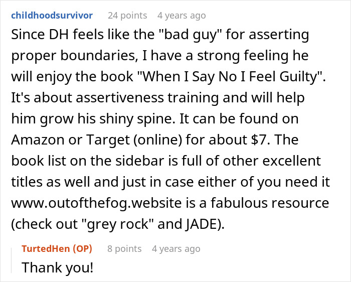 Reddit comment discussing assertiveness and setting boundaries with a book recommendation. Reddit comment discussing assertiveness and setting boundaries with a book recommendation.