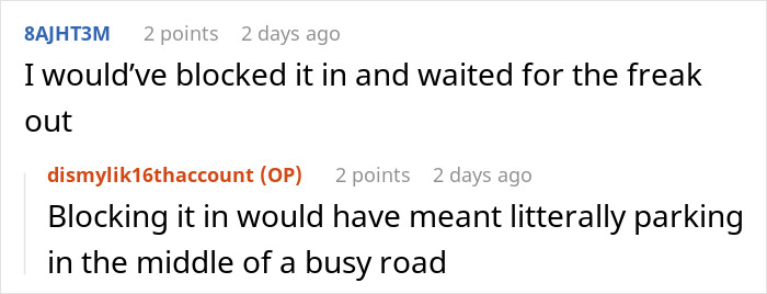 Reddit comments about illegal parking, discussing blocking in a car on a busy road. Reddit comments about illegal parking, discussing blocking in a car on a busy road.