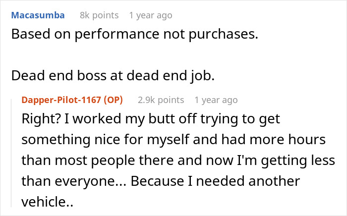 Reddit conversation discussing a boss reducing employee hours after motorcycle purchase. Reddit conversation discussing a boss reducing employee hours after motorcycle purchase.