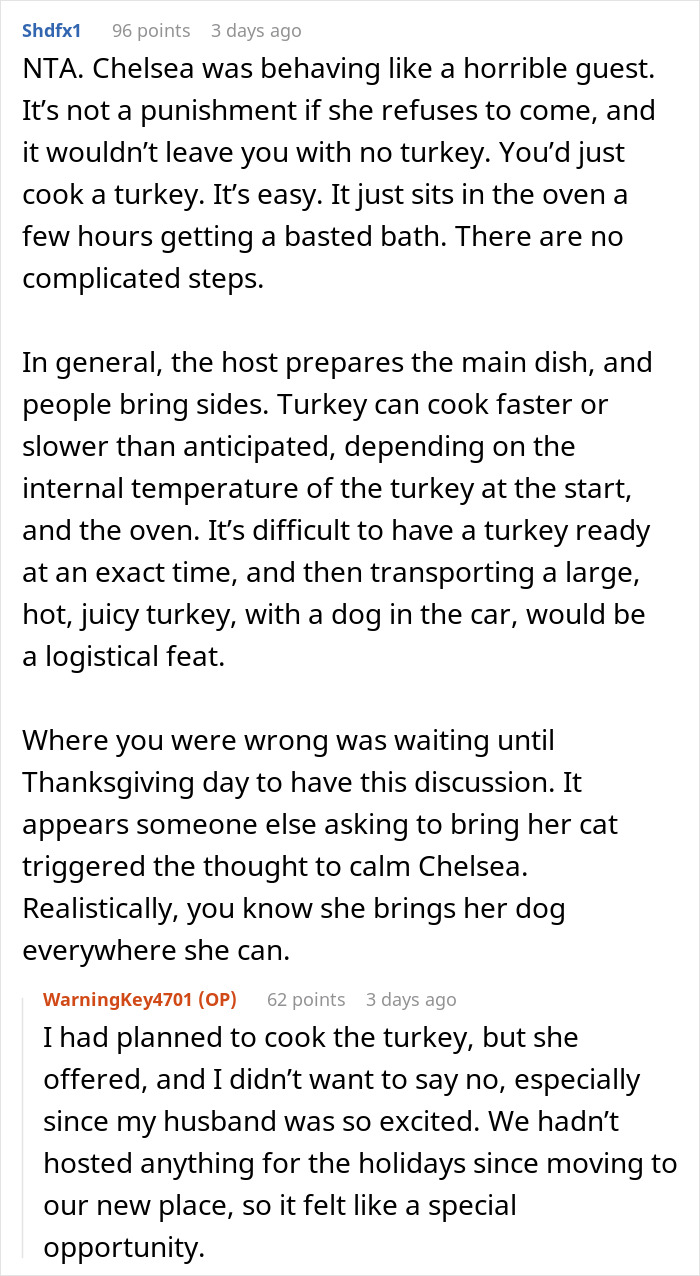 Reddit discussion about a woman taking a Thanksgiving turkey because her friends refused to let her bring her dog. Reddit discussion about a woman taking a Thanksgiving turkey because her friends refused to let her bring her dog.