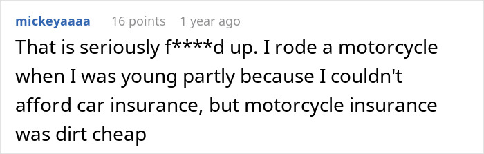 Text comment on a website discussing affordable motorcycle insurance compared to car insurance. Text comment on a website discussing affordable motorcycle insurance compared to car insurance.