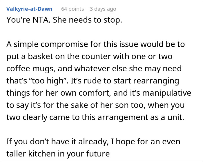 Text exchange about MIL's actions and kitchen arrangement suggestions. Text exchange about MIL's actions and kitchen arrangement suggestions.