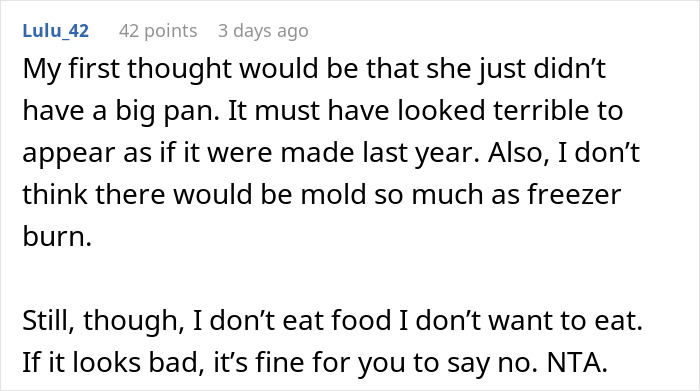 Reddit comment discussing hesitation about eating a Thanksgiving dish that might have been made the previous year. Reddit comment discussing hesitation about eating a Thanksgiving dish that might have been made the previous year.