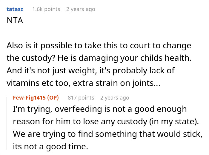 Reddit comments discuss child health concerns and custody related to junk food. Reddit comments discuss child health concerns and custody related to junk food.