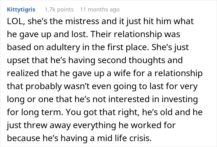 Comment discussing ex-husband's regrets and mid-life crisis after 17-year marriage ends in adultery. Comment discussing ex-husband's regrets and mid-life crisis after 17-year marriage ends in adultery.