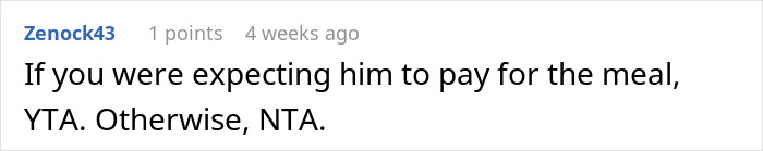 Reddit comment discussing opinions on meal expectations during a date involving a woman's burger choice with a vegan. Reddit comment discussing opinions on meal expectations during a date involving a woman's burger choice with a vegan.