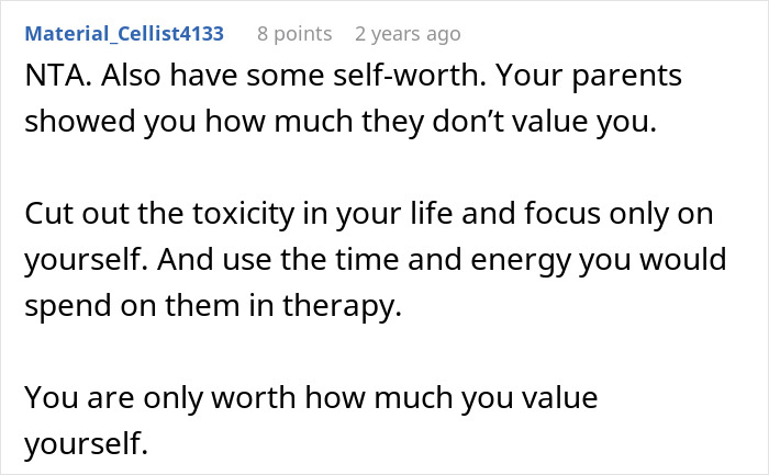 Reddit comment advising someone to value themselves and avoid toxic family; related to guy refusing babysitting. Reddit comment advising someone to value themselves and avoid toxic family; related to guy refusing babysitting.