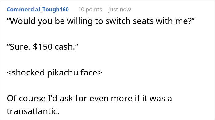 Person declines seat switch with lady, asks for $150; context of possible deception regarding mobility issues. Person declines seat switch with lady, asks for $150; context of possible deception regarding mobility issues.