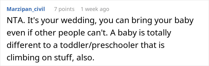 Comment on child-free wedding debate, supporting bride bringing her baby. Comment on child-free wedding debate, supporting bride bringing her baby.