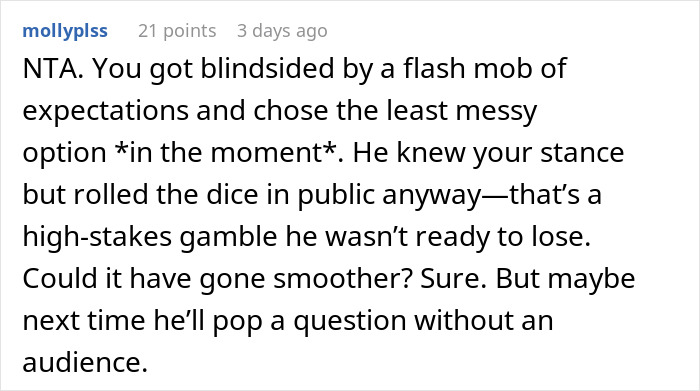 Reddit comment analyzing a public proposal scenario, discussing expectations and decision-making. Reddit comment analyzing a public proposal scenario, discussing expectations and decision-making.