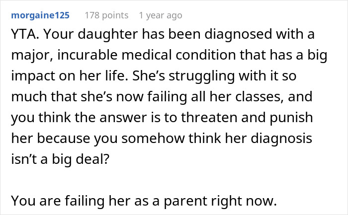 Comment criticizing mom for ignoring daughter's disease impact on chores. Comment criticizing mom for ignoring daughter's disease impact on chores.