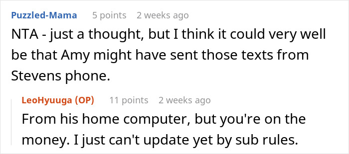 A Reddit conversation discussing suspicions about sent texts at a cake-friend-birthday-party event. A Reddit conversation discussing suspicions about sent texts at a cake-friend-birthday-party event.