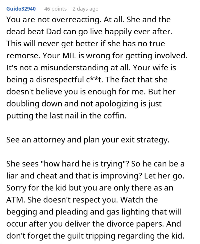 Text supporting husband's claim about wife's lying ex, urging divorce consideration. Text supporting husband's claim about wife's lying ex, urging divorce consideration.