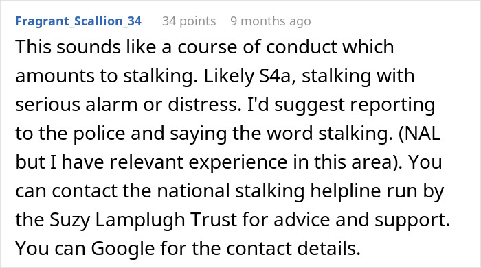 Comment discussing stalking, mentioning legal advice and national support helpline. Comment discussing stalking, mentioning legal advice and national support helpline.