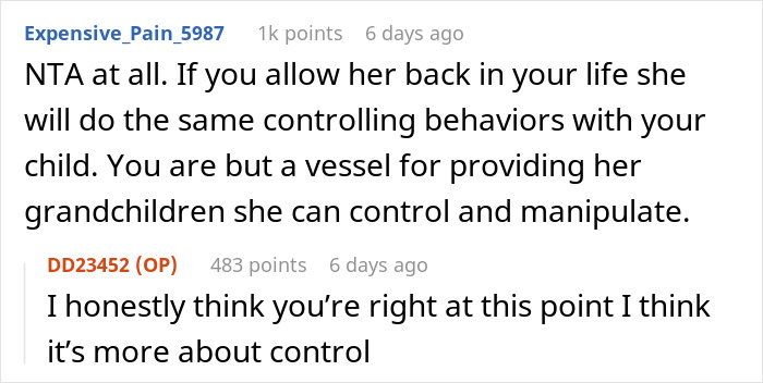 Reddit comments discussing control dynamics relevant to a pregnant woman and her relationship with a manipulative mother. Reddit comments discussing control dynamics relevant to a pregnant woman and her relationship with a manipulative mother.
