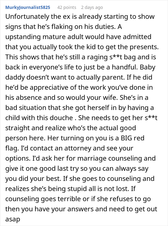 Text from social media highlighting skepticism about an ex's reliability and relationship advice. Text from social media highlighting skepticism about an ex's reliability and relationship advice.