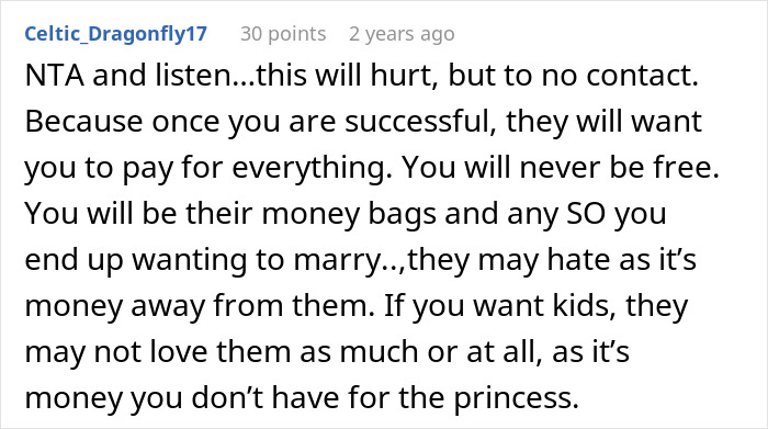 Text comment discussing family dynamics and financial boundaries. Text comment discussing family dynamics and financial boundaries.